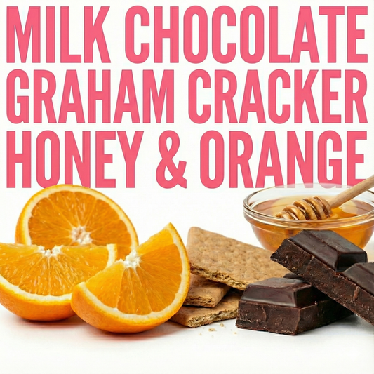 Oranges, graham cracker, chocolate, and honey sitting on a white background with the ingredients written behind them.