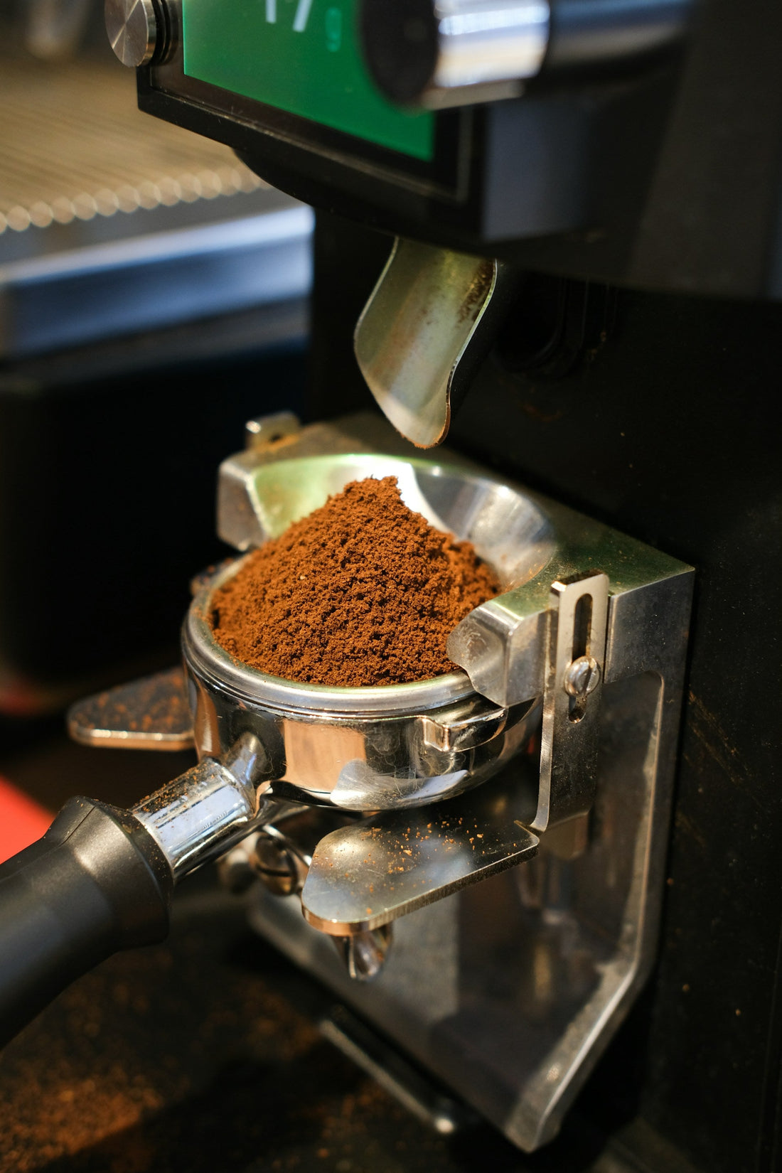 Freshly ground coffee in a portafilter.
