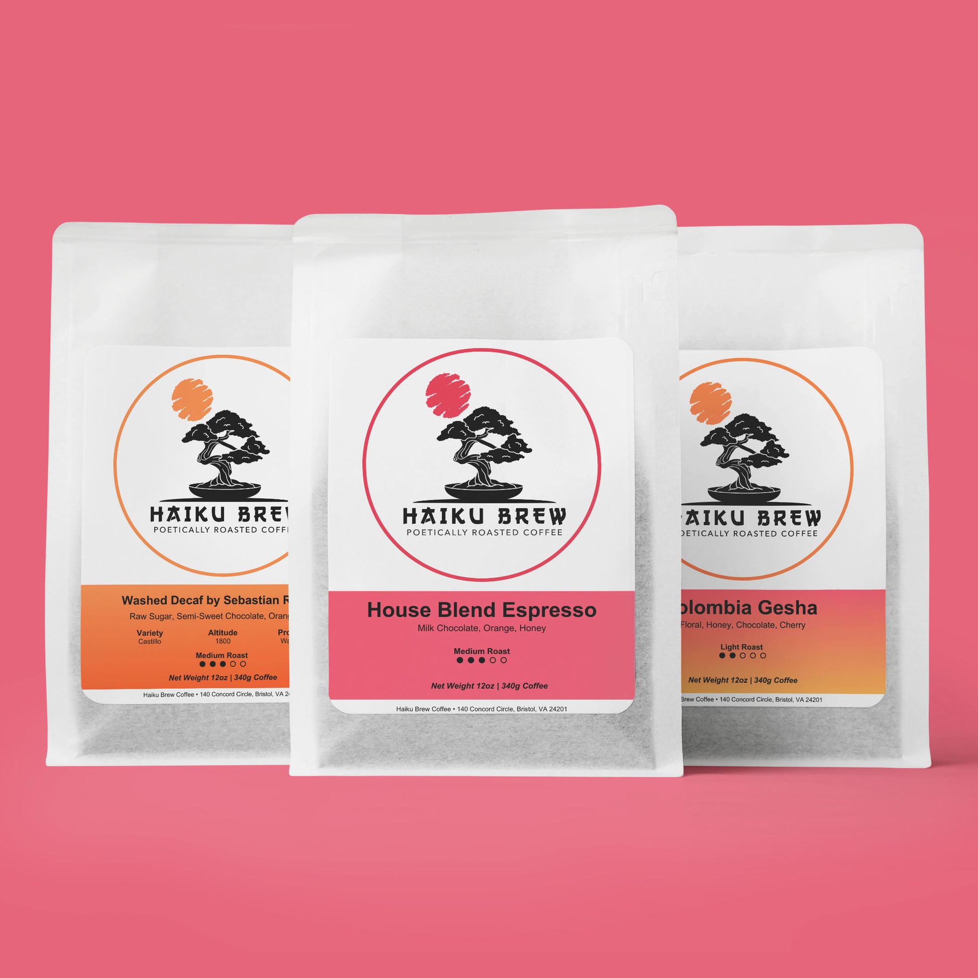 Three bags of Haiku Brew coffee sitting on a pink backdrop.