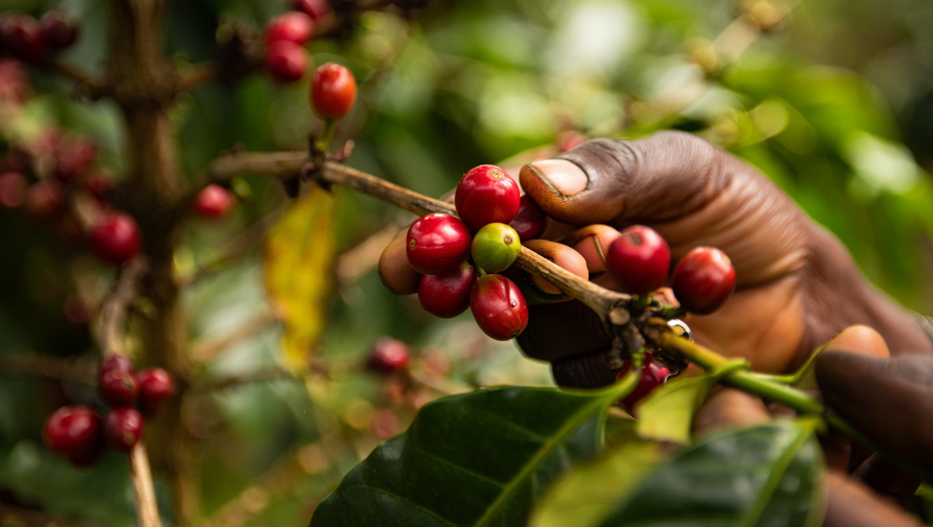 An Ethiopian woman's hand picking coffee cherries