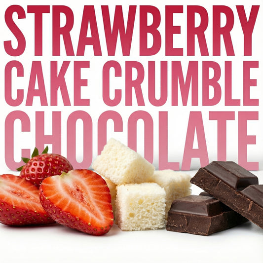 A few pieces of strawberries, yellow cake, and chocolate sitting in front of text naming each of the three ingredients. 