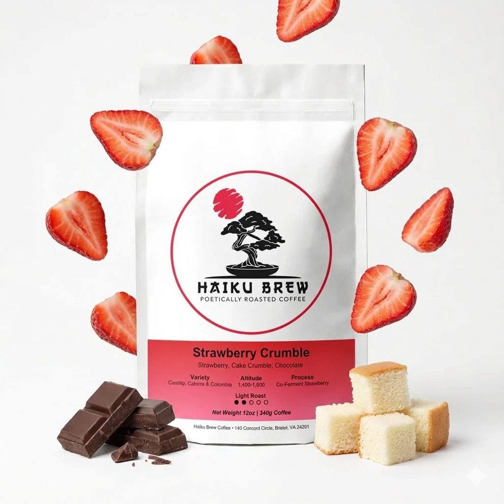 A bag of coffee titled Strawberry Crumble with slices of strawberries floating in the air around the bag and pieces of chocolate and yellow cake sitting by the bag. 
